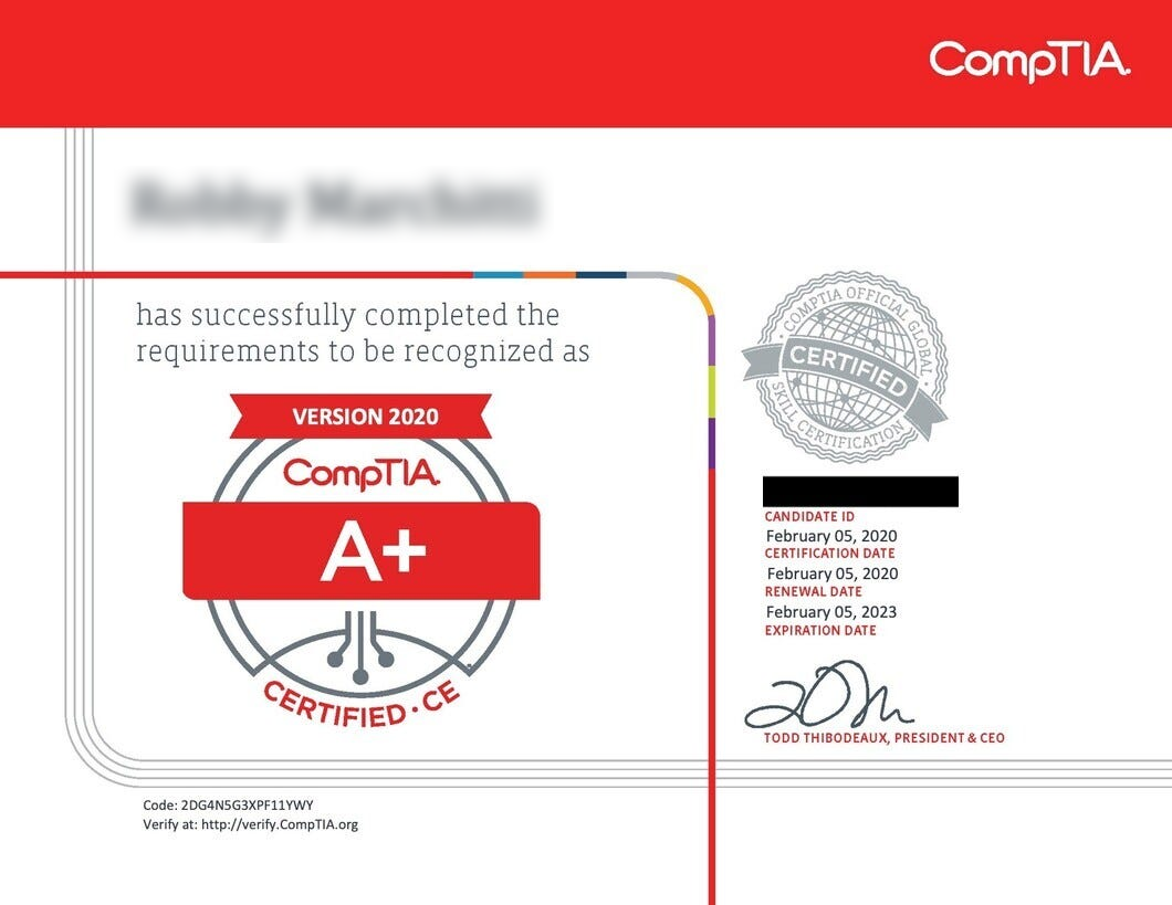 CompTIA A+ 220-1101 & 220-1102 Certification Certificate