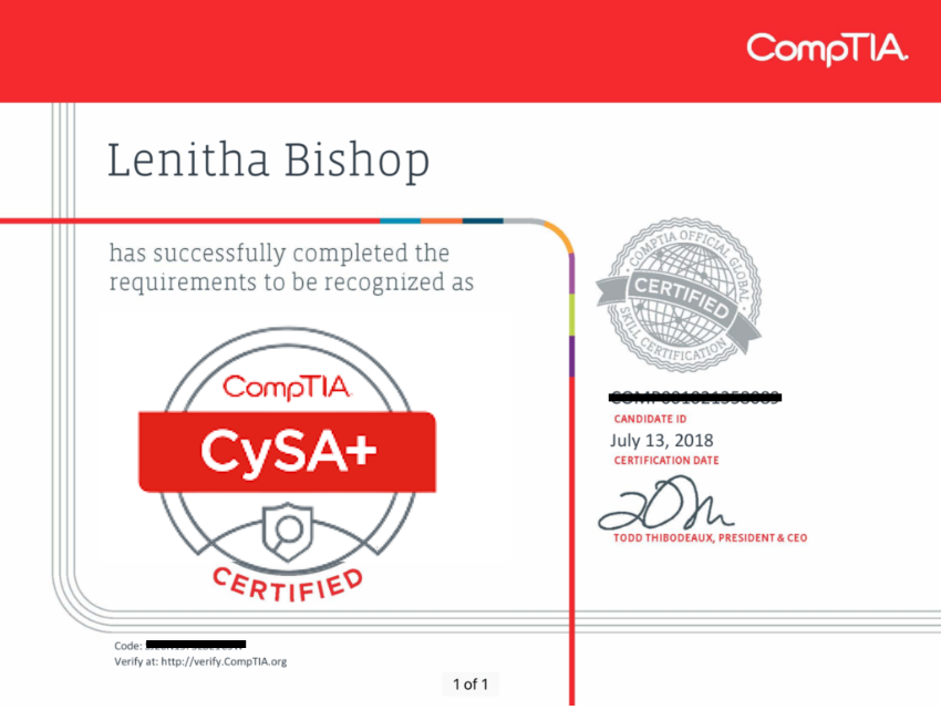 CompTIA CySA+ CS0-002 Certification Certificate