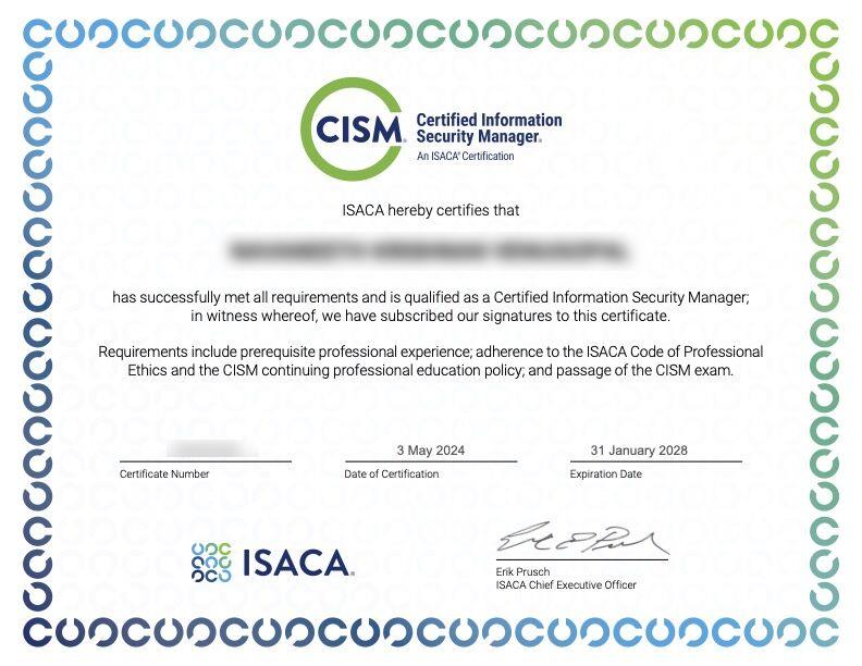CISM Certified Information Security Manager Certificate