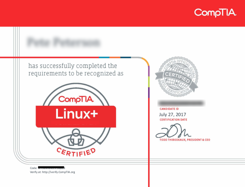 CompTIA Linux+  Certification Certificate