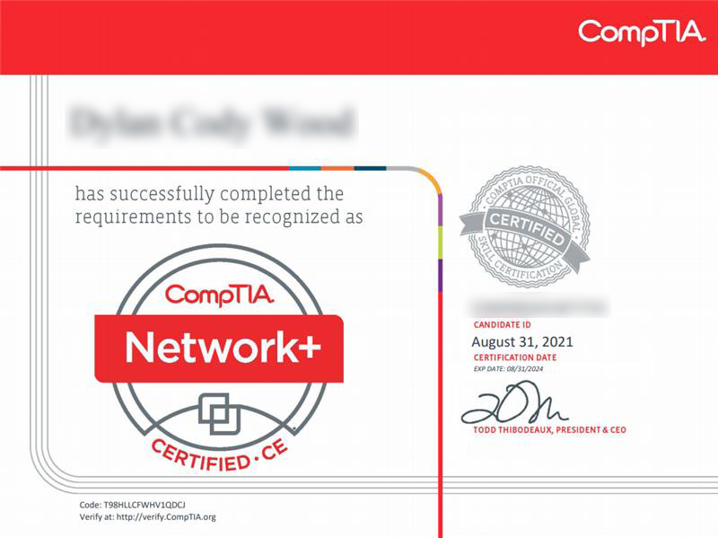 CompTIA Network+ N10-008 Certification Certificate