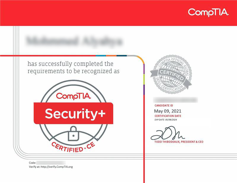 CompTIA Security+ SY0-701 Certification Certificate